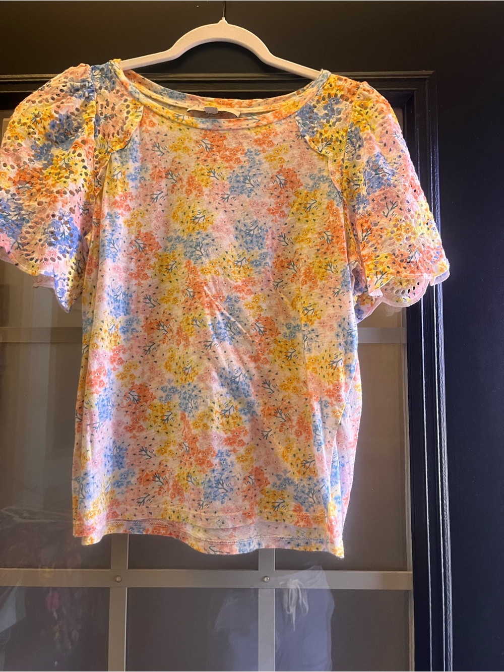 Women’s LOFT Floral Eyelet Short-Sleeve Top - Blue, Yellow, Pink